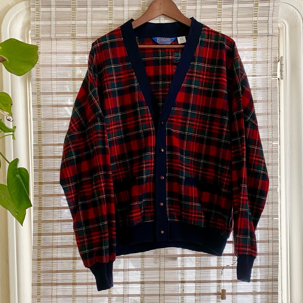 Pendleton Navy and Red Plaid Cardigan